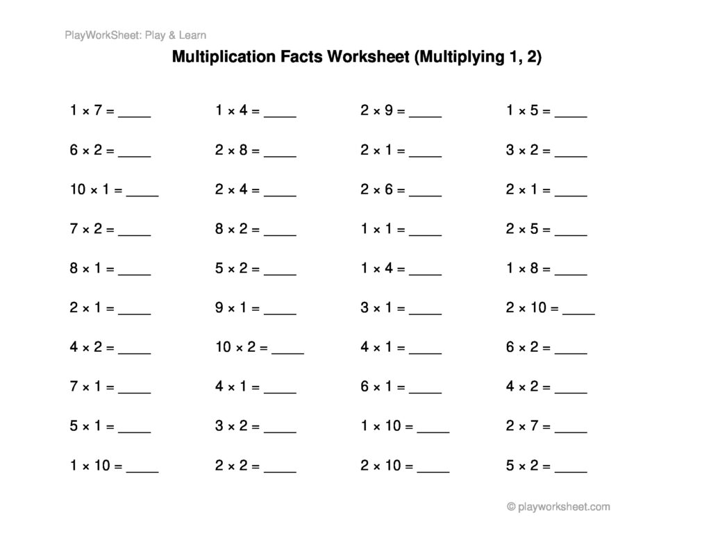 Multiplication facts worksheet with numbered problems and blanks
