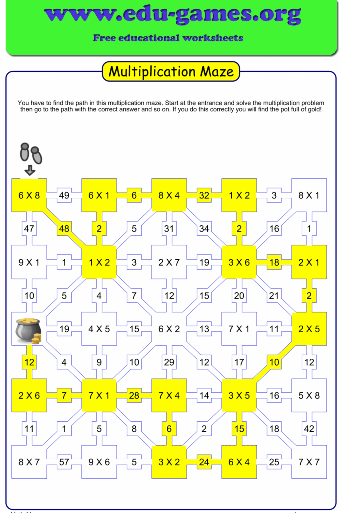 Multiplication maze worksheet with yellow paths and numbers