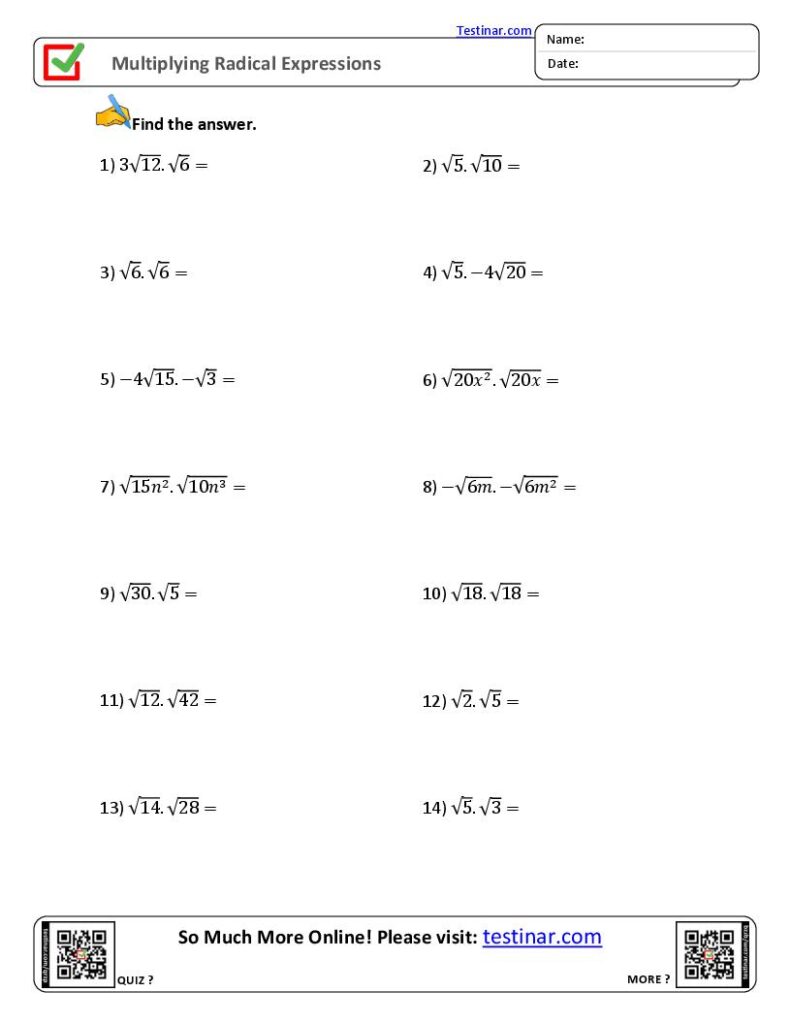 Math worksheet titled Multiplying Radical Expressions with problems.