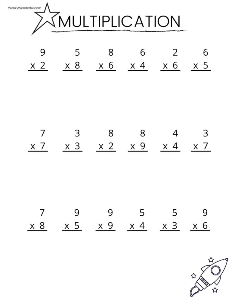 Multiplication worksheet with single-digit problems and rocket