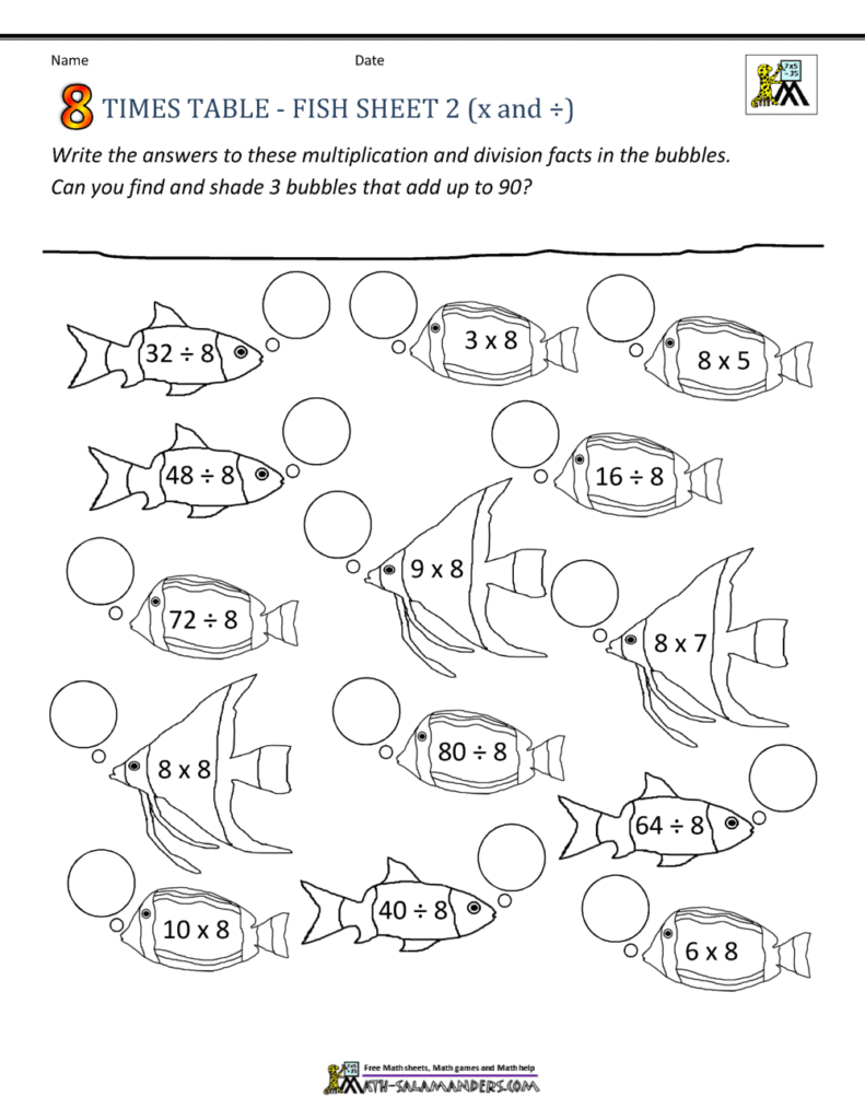 Math worksheet with fish and blank answer bubbles