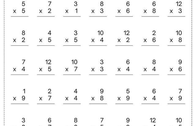 Printable multiplication quiz worksheet with numbered problems