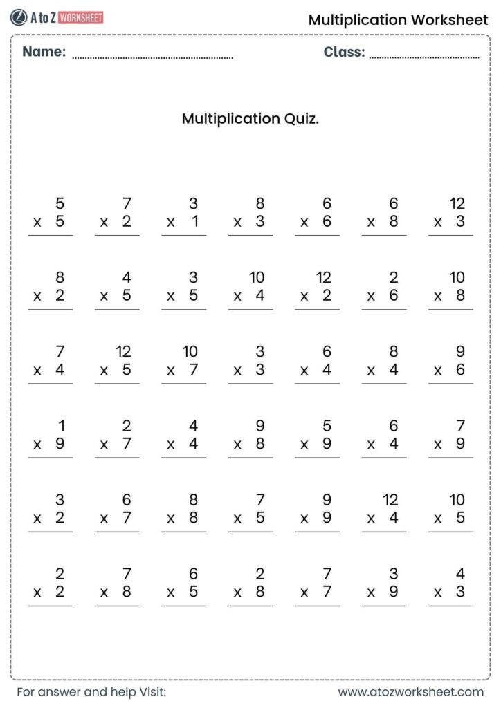 Printable multiplication quiz worksheet with numbered problems
