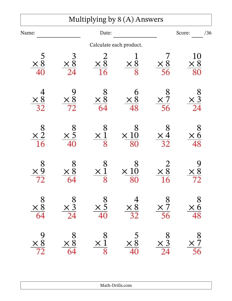 Multiplying by 8 worksheet answers page