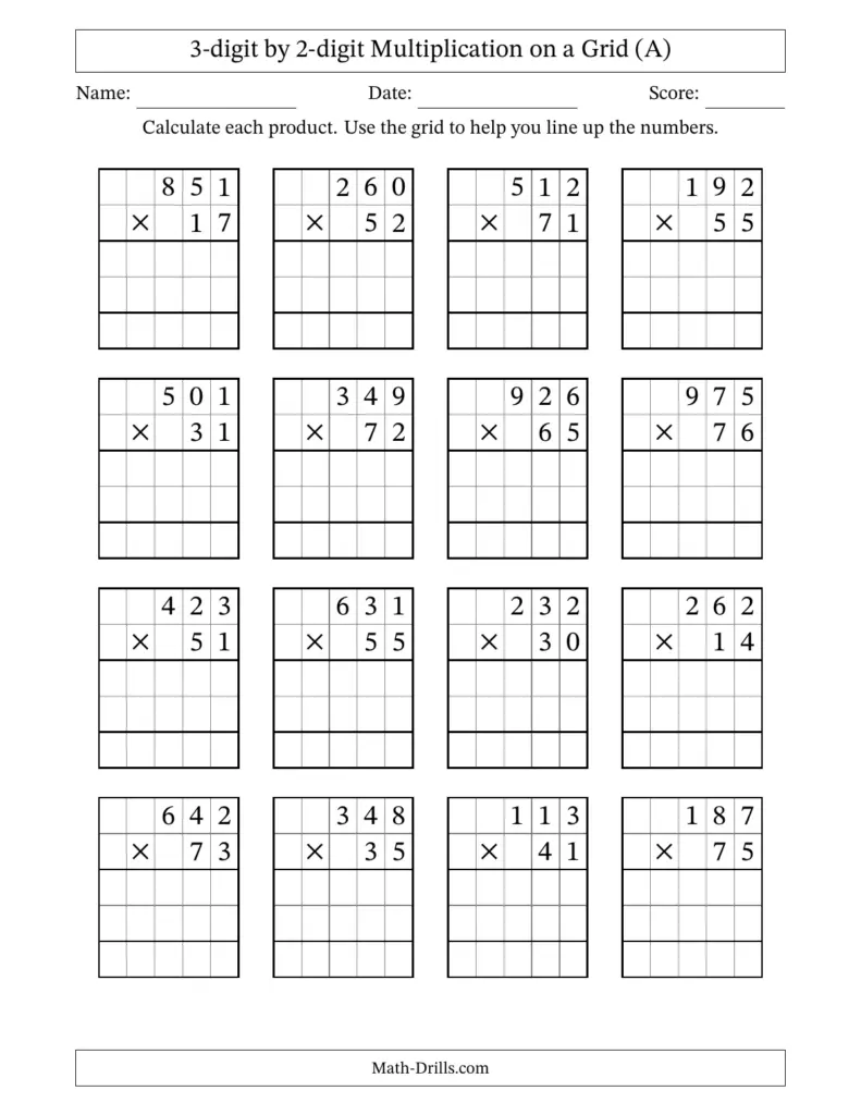 3-digit by 2-digit multiplication worksheet with grids