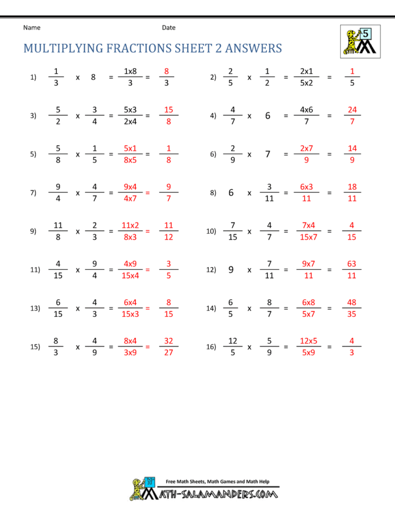 Multiplying fractions worksheet with answers displayed