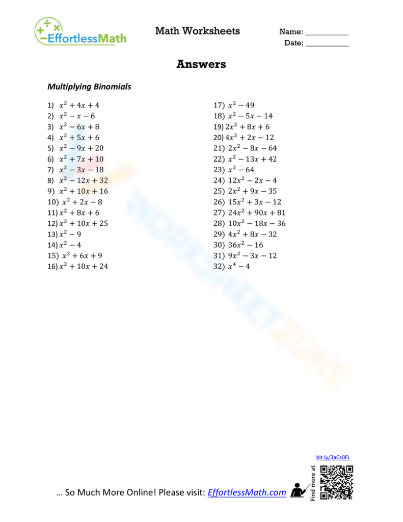 Math worksheet answers page with binomial expressions