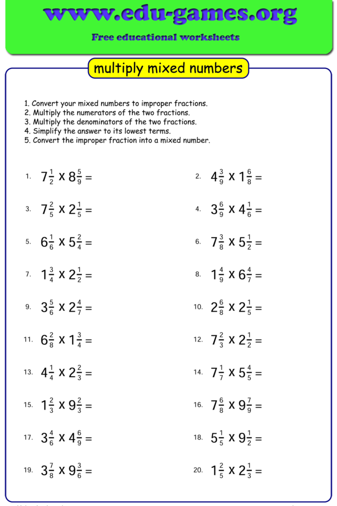 Mixed numbers multiplication worksheet with twenty problems