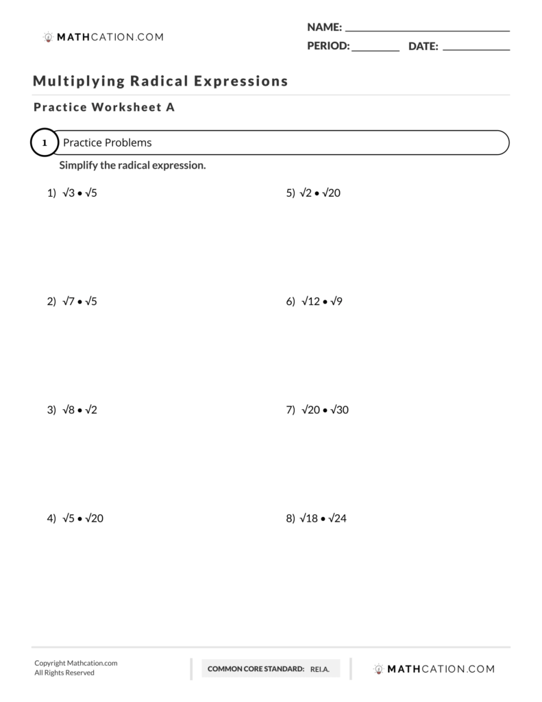 Math worksheet titled Multiplying Radical Expressions with problems