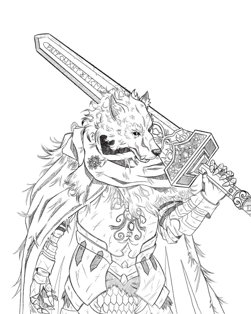Fantasy wolf warrior holding ornate sword
