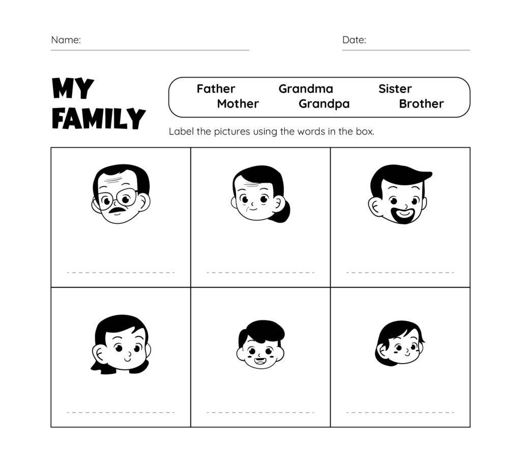 Family worksheet with six cartoon faces and labels