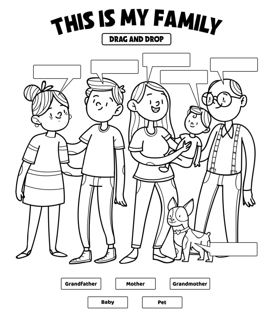 Black-and-white family worksheet with labels and cartoon people