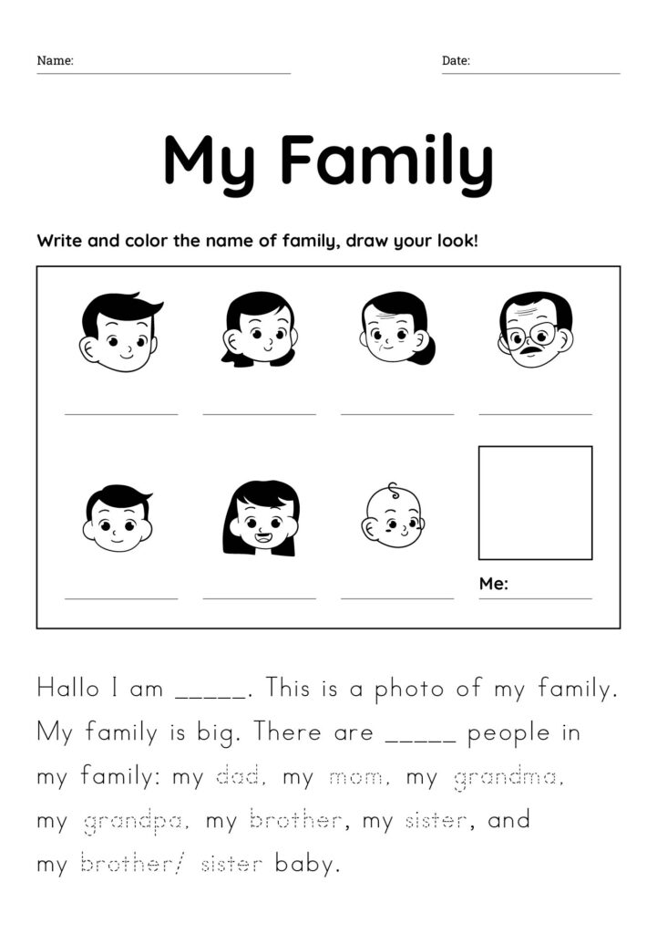 Family worksheet with cartoon faces and fill-in lines