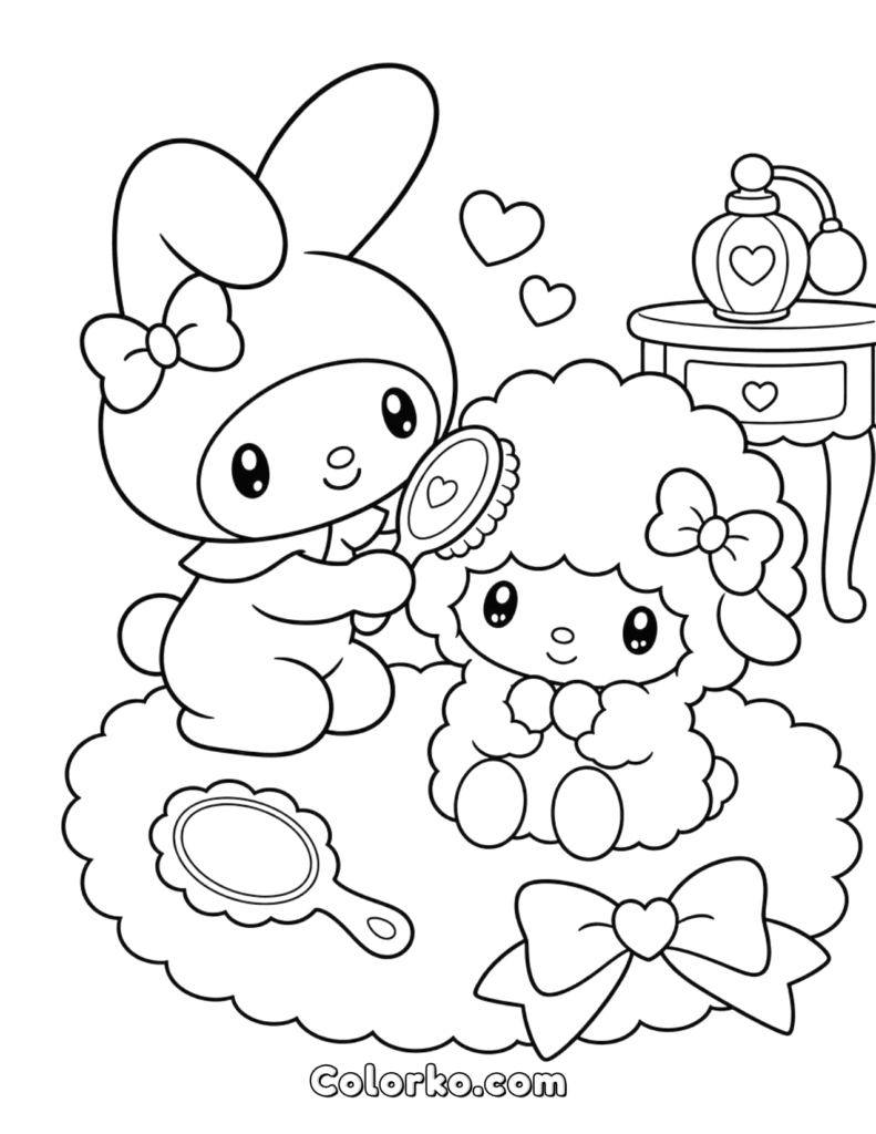 Two cartoon rabbits on fluffy cloud with hearts