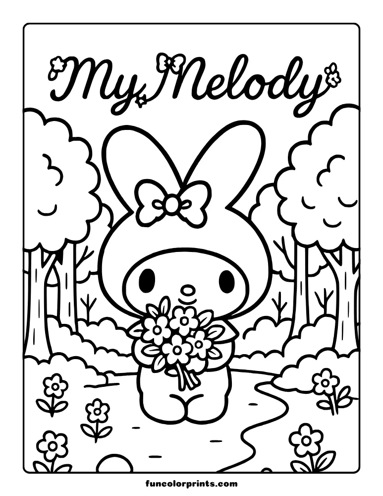 Cute bunny with bow holding bouquet on forest path.