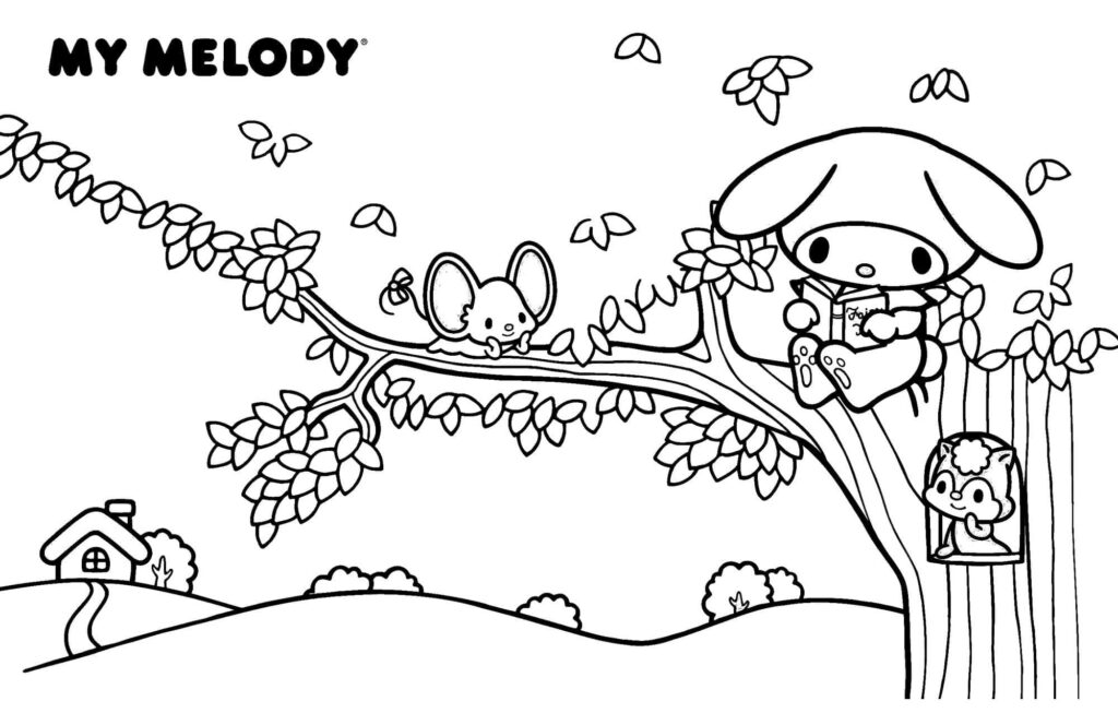 My Melody and friends on tree branches, coloring page