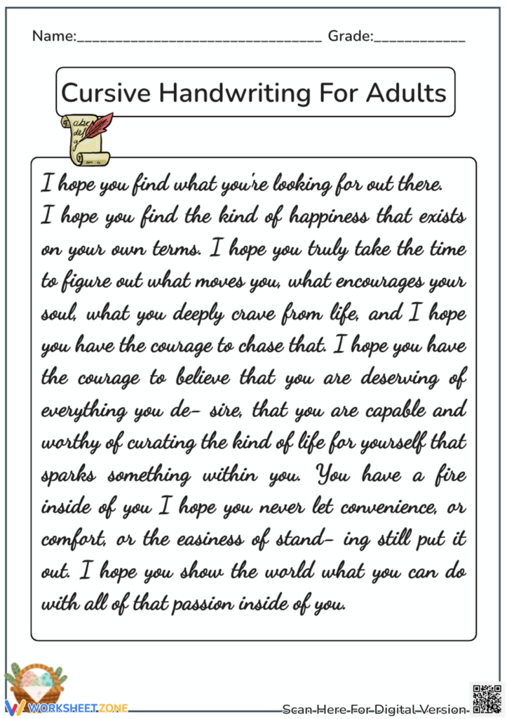 Cursive handwriting worksheet with inspirational quote text