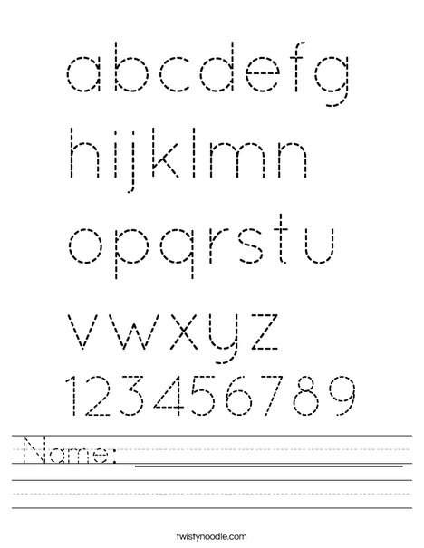 Alphabet and number tracing worksheet with name lines