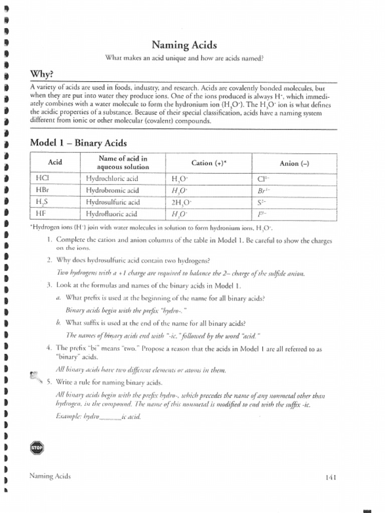 Chemistry worksheet page titled Naming Acids with table
