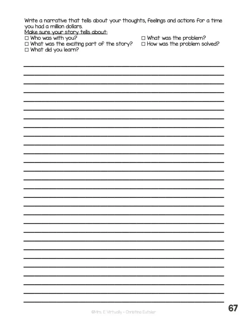 Blank narrative writing worksheet with lined space and prompts