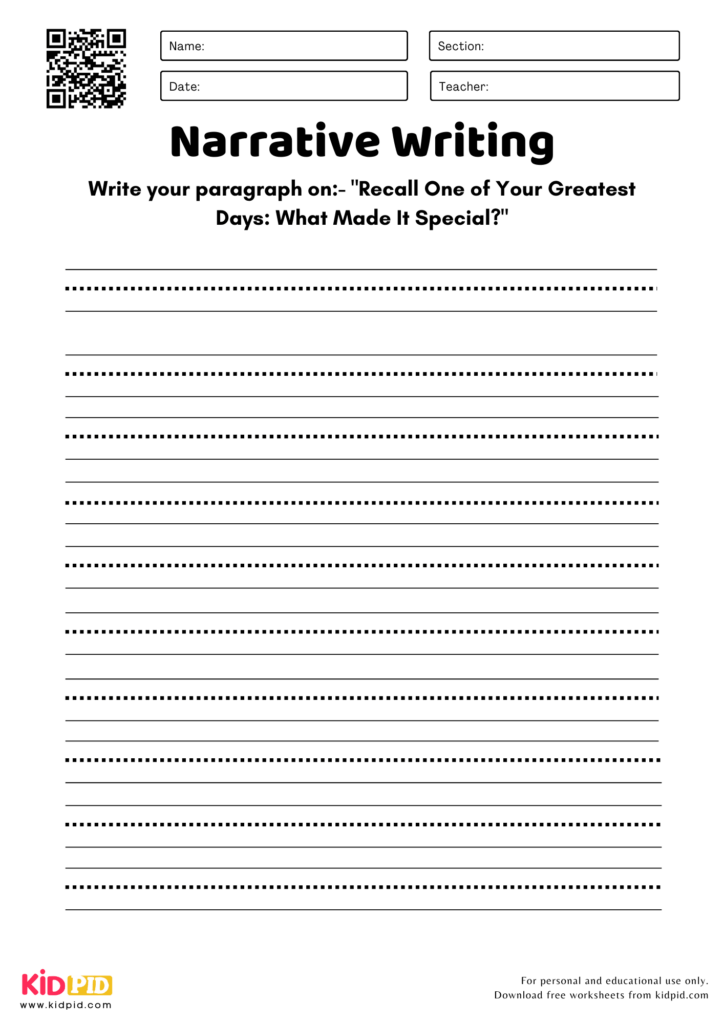 Narrative writing worksheet with QR code and lined spaces