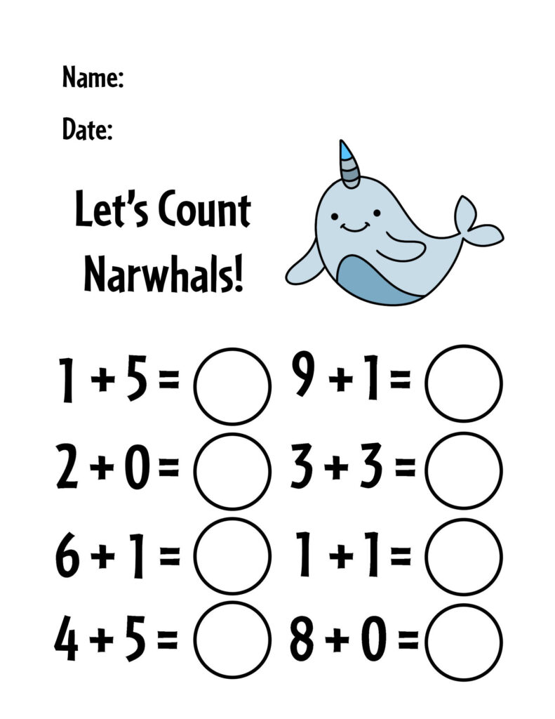 Narwhal addition worksheet with blank answer circles