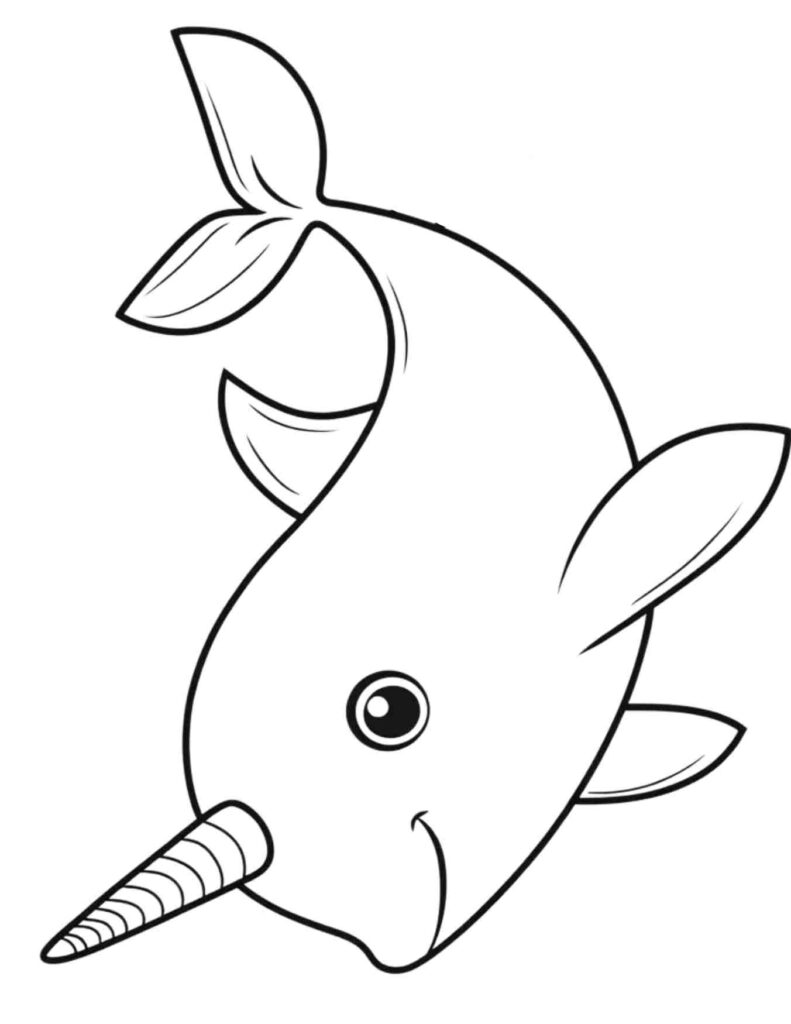 Black-and-white cartoon narwhal head drawing on white background