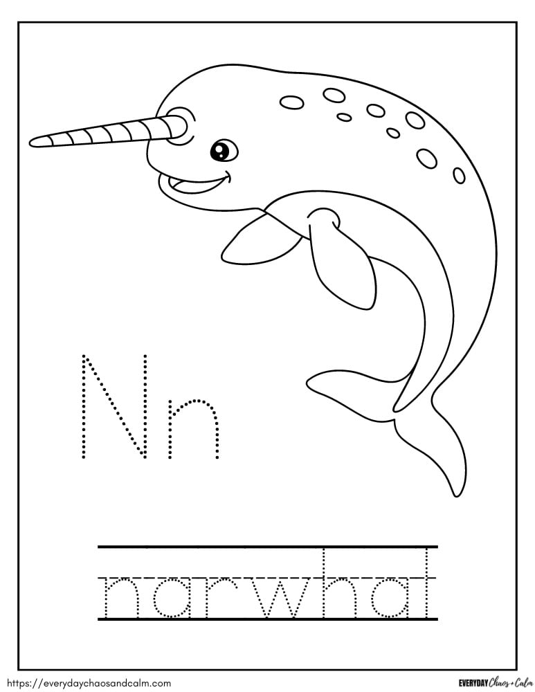 Narwhal coloring page with dotted letters Nh and narwhal