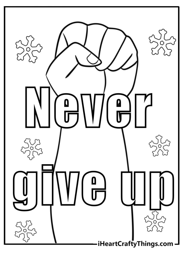 Black-and-white fist illustration with “Never give up” text