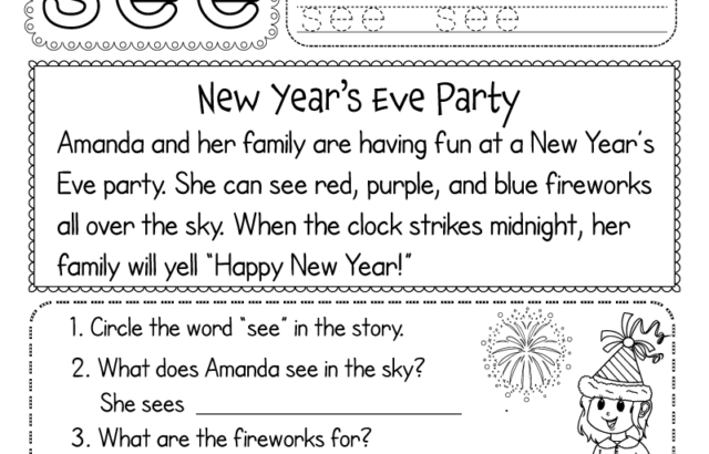 New Year’s reading worksheet with story and questions