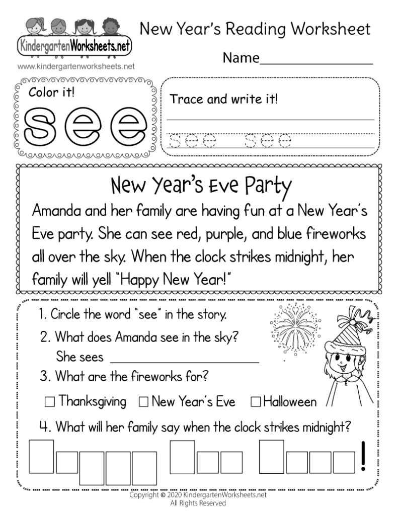 New Year’s reading worksheet with story and questions