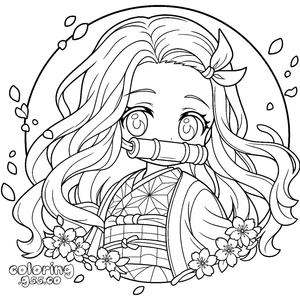 Anime girl with long hair and bamboo muzzle, coloring page