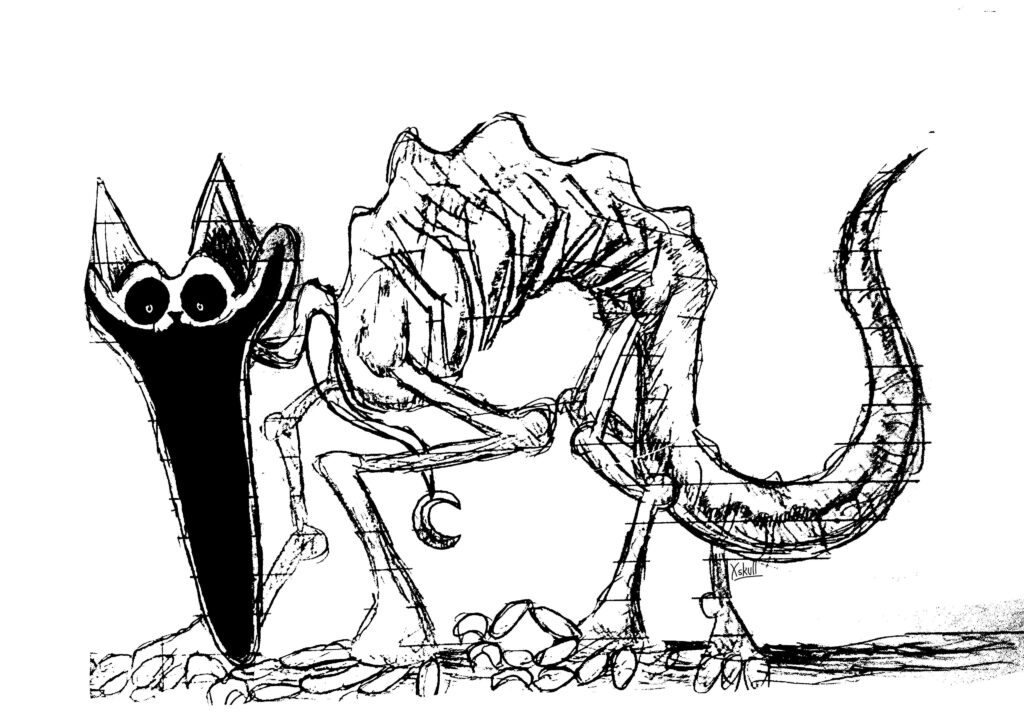 Black-and-white sketch of a skeletal cat-like creature