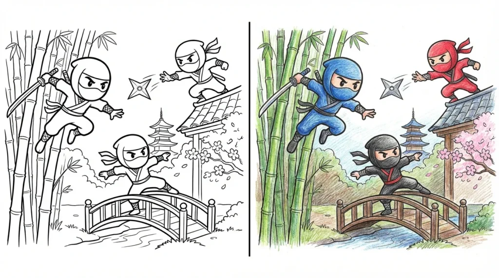 Coloring page of ninjas fighting near bamboo and bridge