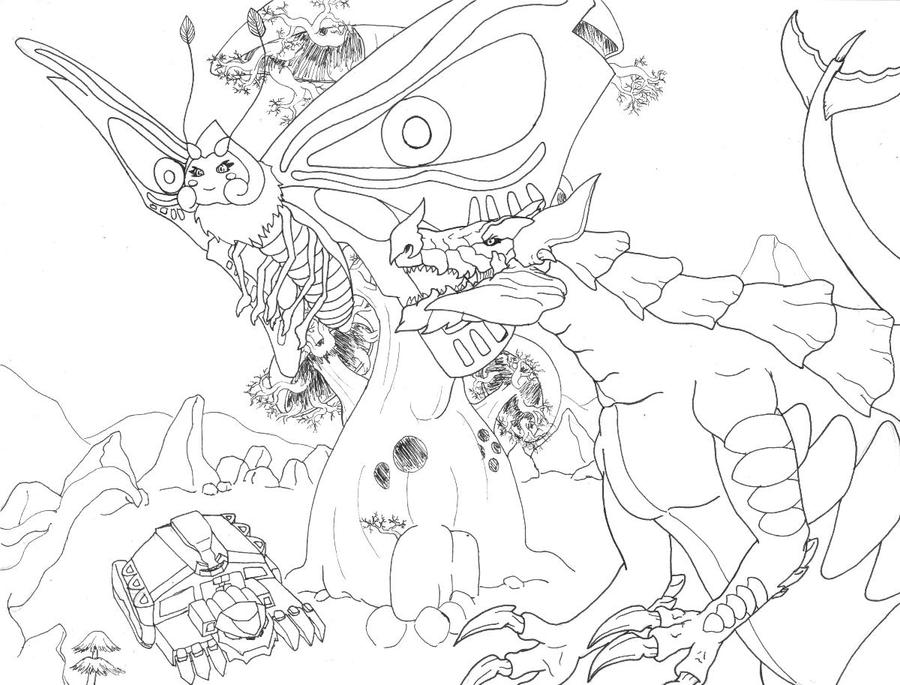 Line drawing of a giant winged creature beside a robot tank