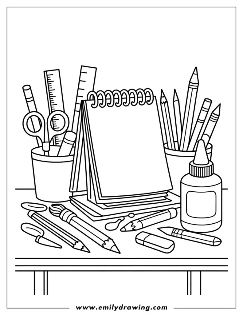 School supplies arranged on a table in line art