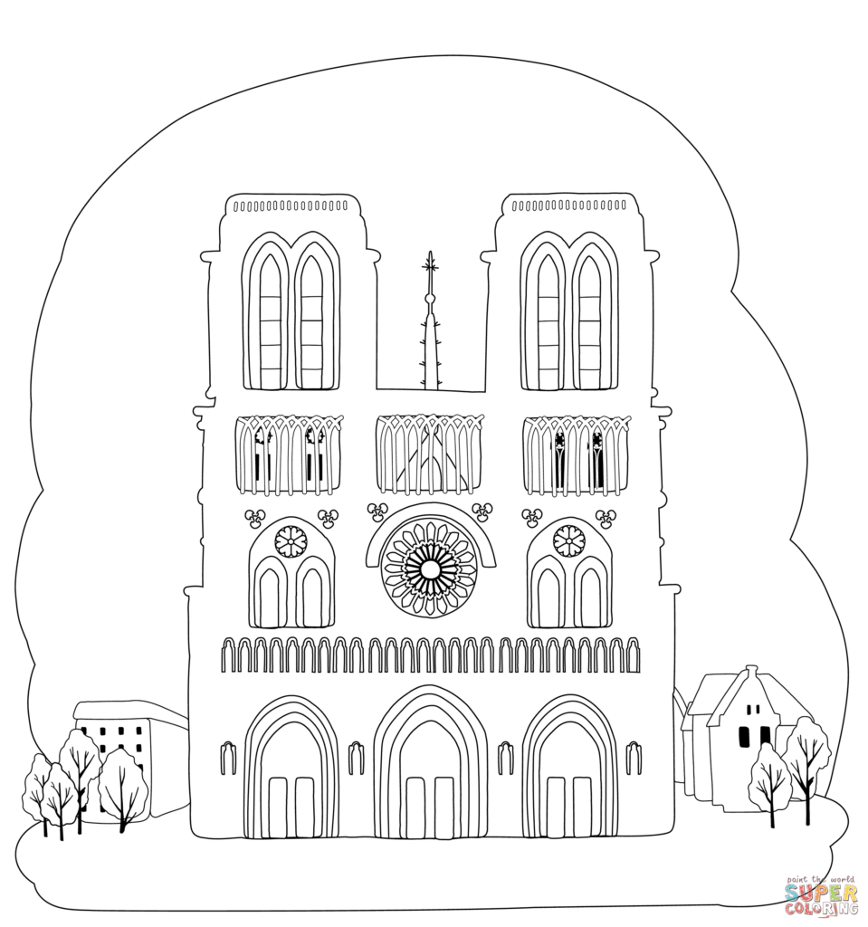 Black-and-white cathedral coloring page with surrounding trees and houses