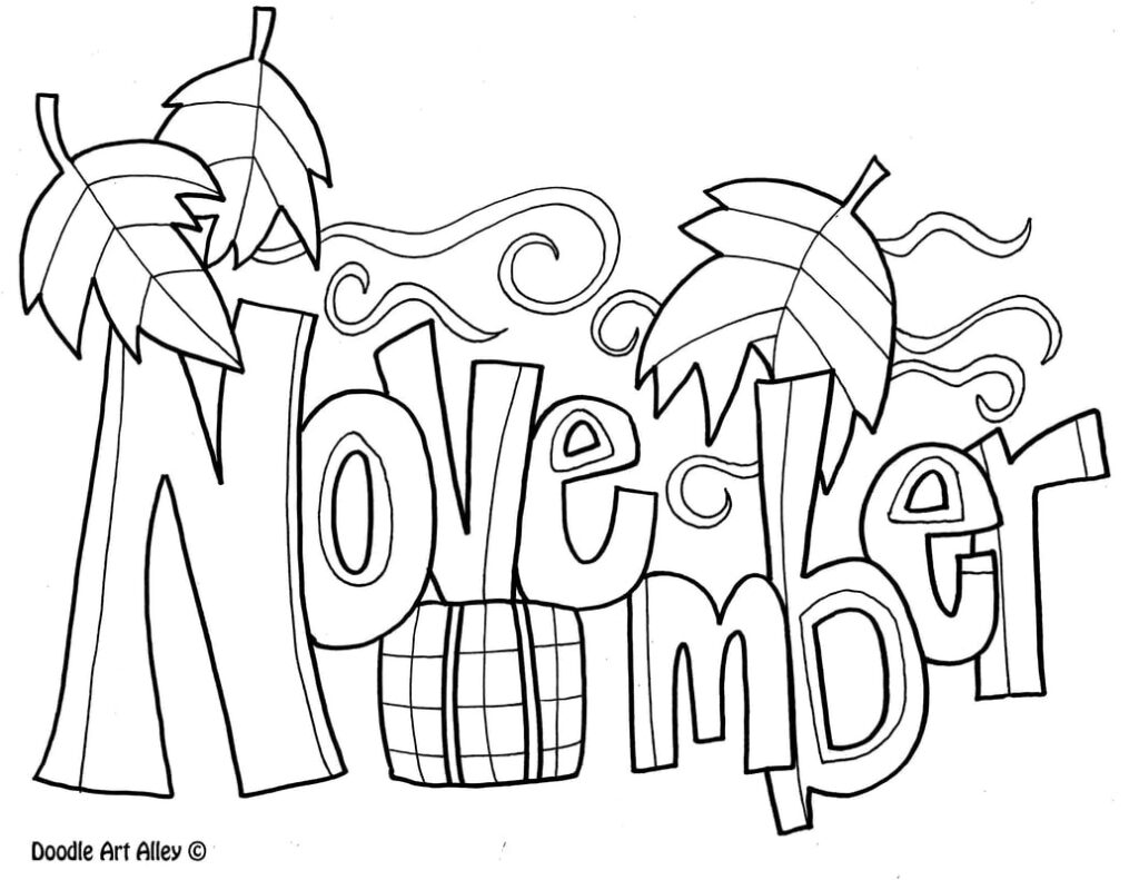 November word art with leaves and curling vines
