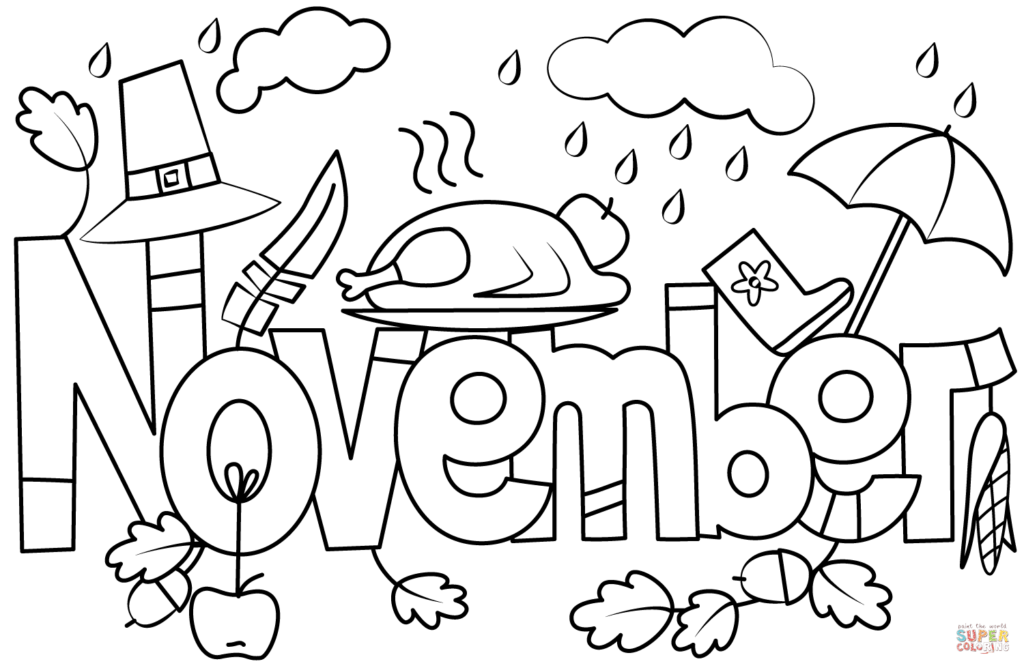 November text with turkey, umbrella, rain, and leaves