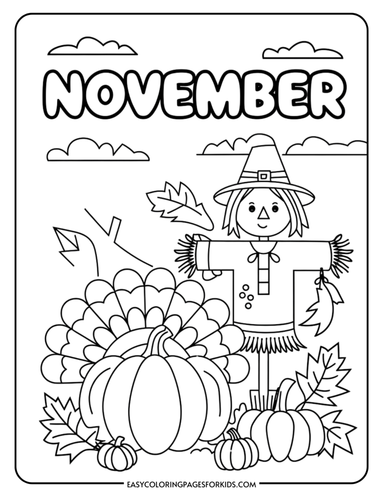November coloring page with scarecrow, pumpkins, and turkey