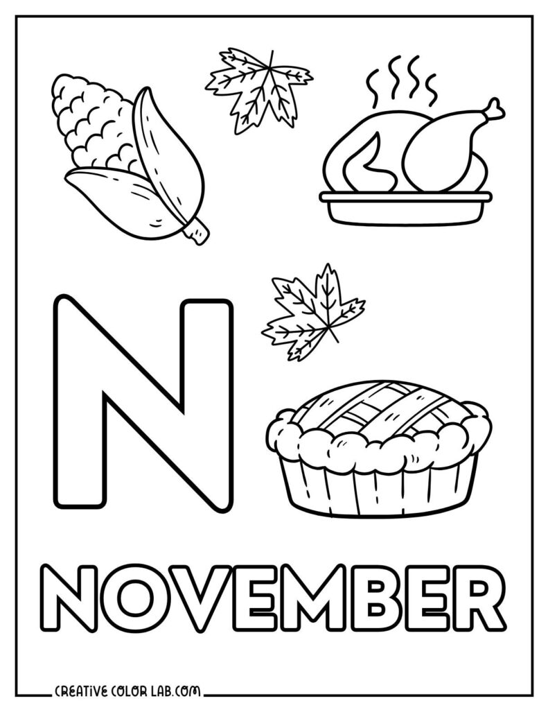 November coloring page with corn, turkey, pie, and leaves