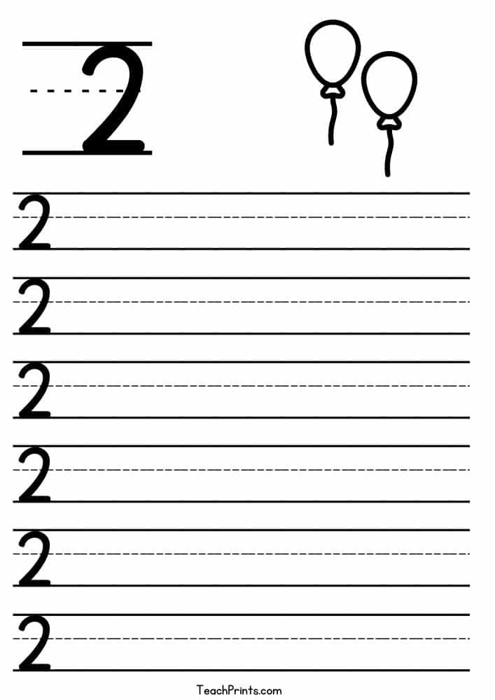 Number 2 handwriting worksheet with balloons