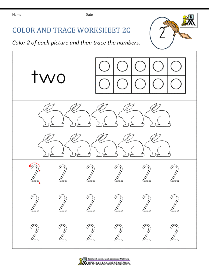 Number two color-and-trace worksheet with rabbits