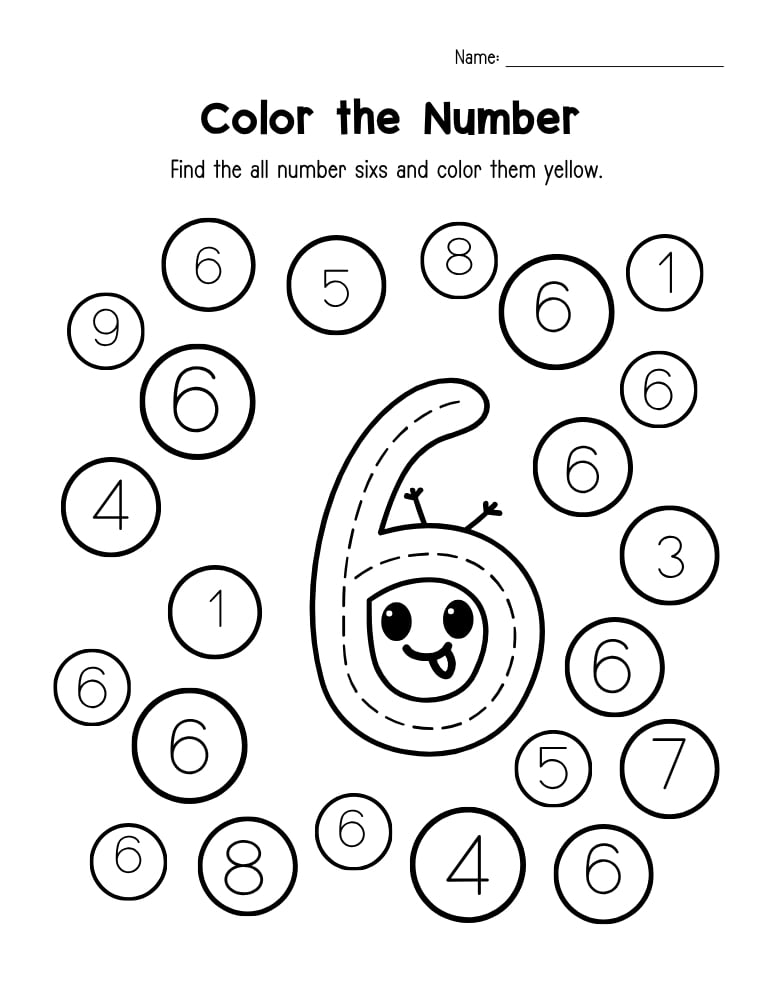 Number six coloring worksheet with circled digits on white background