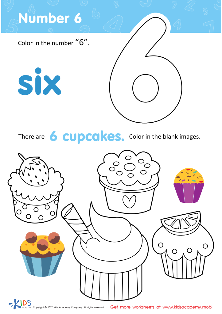 Coloring worksheet with number six and cupcakes