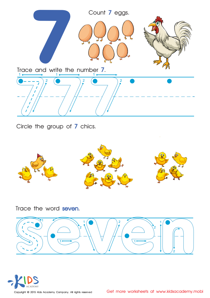 Number seven worksheet with eggs, chicks, and tracing exercises