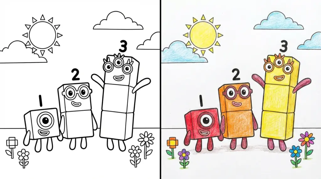 Coloring page with three numbered cartoon blocks and sun, clouds