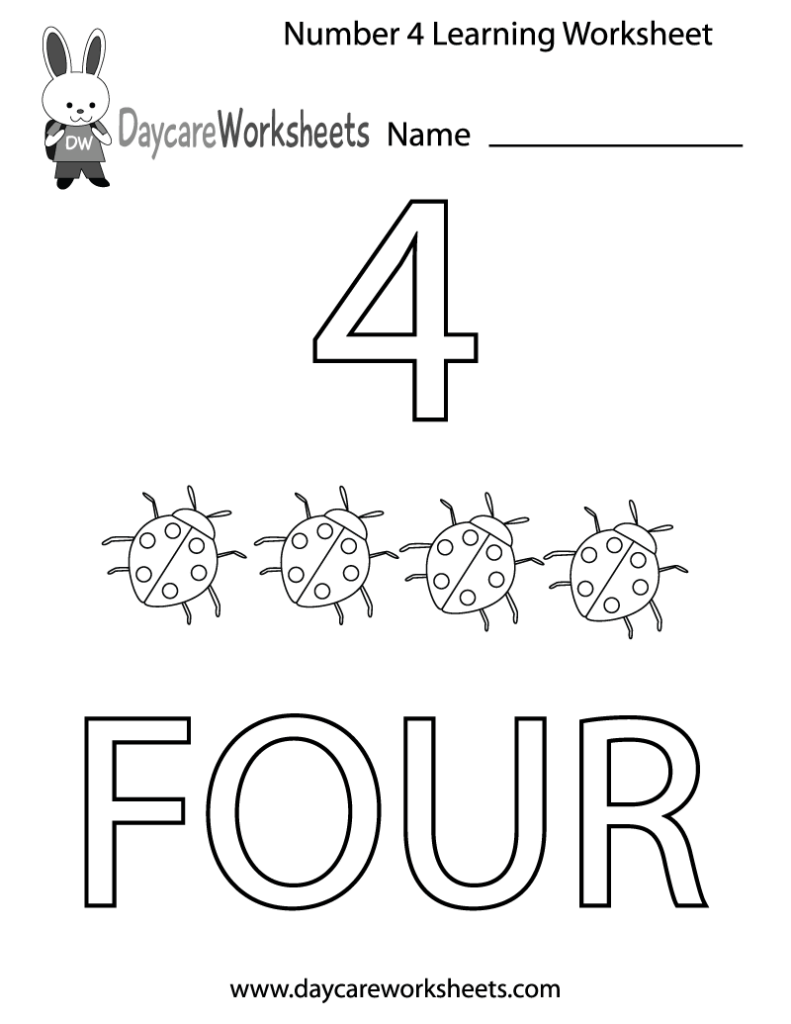 Number 4 learning worksheet with four ladybugs
