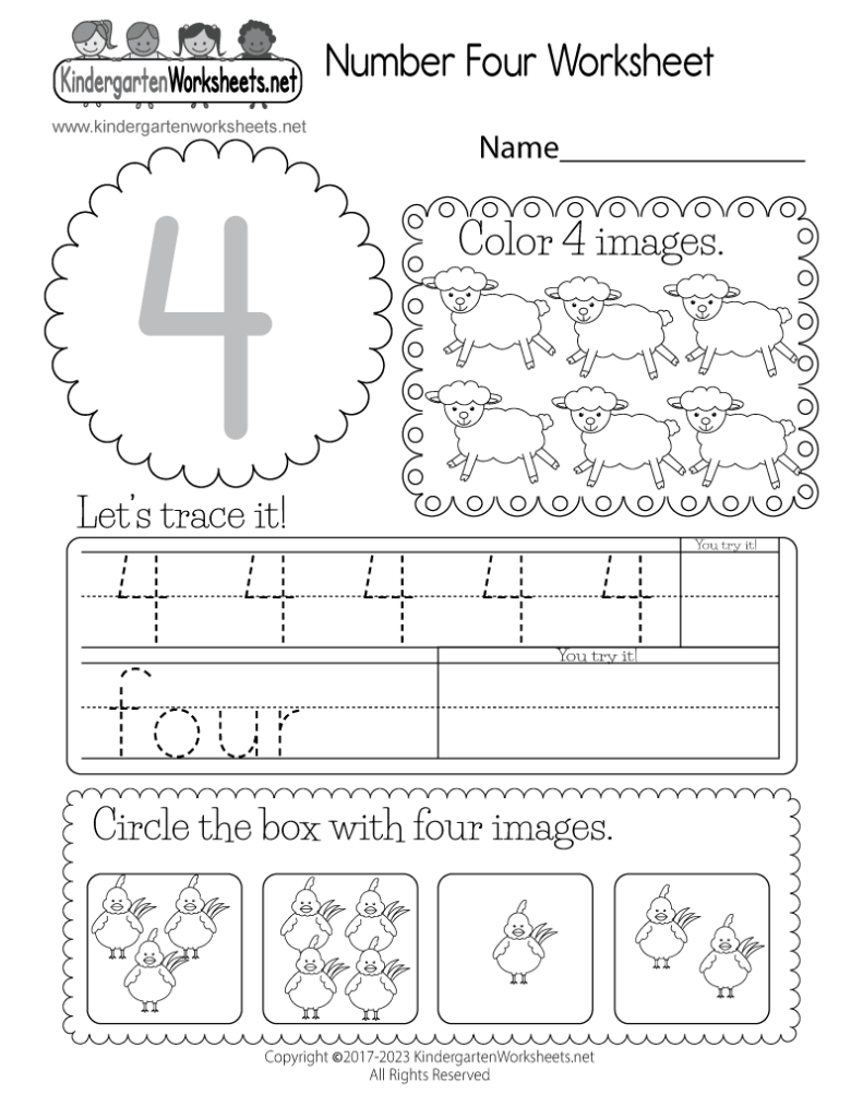 Number four worksheet with tracing and chicken images