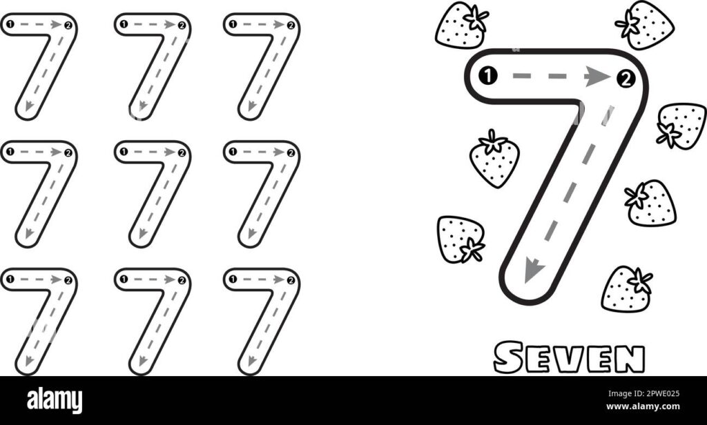 Worksheet with number seven and strawberries around it
